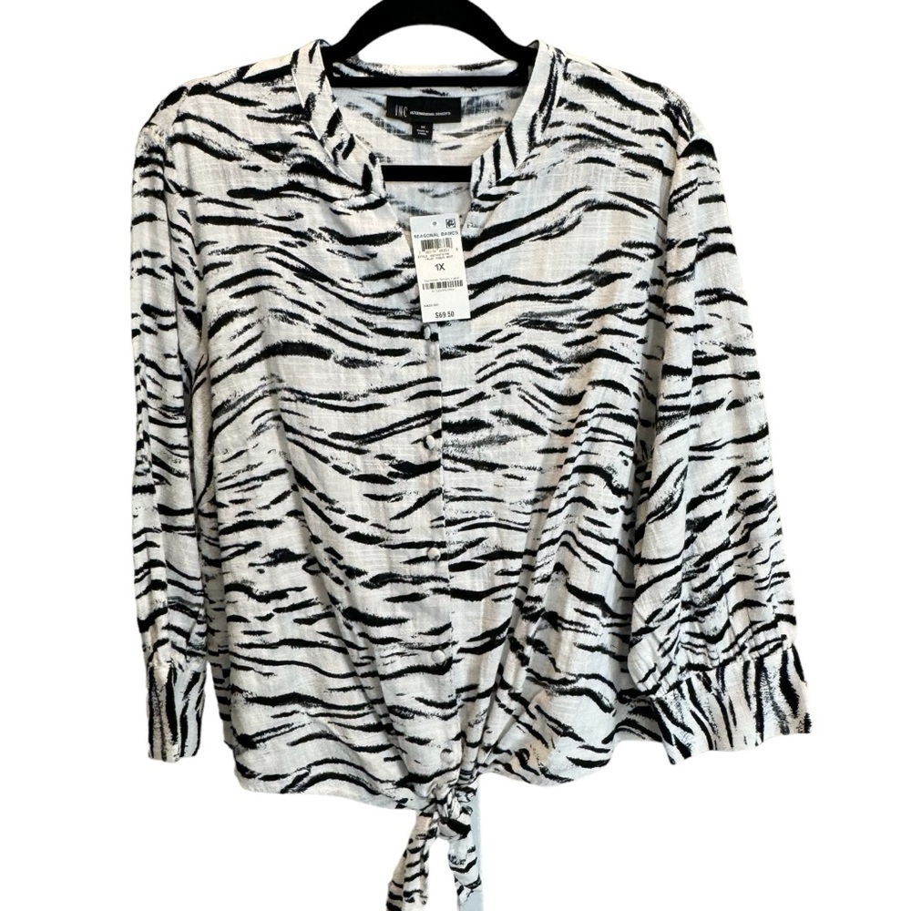 INC International Concepts, Zebra Print 100% Cotton Tie front button down 1X NWT